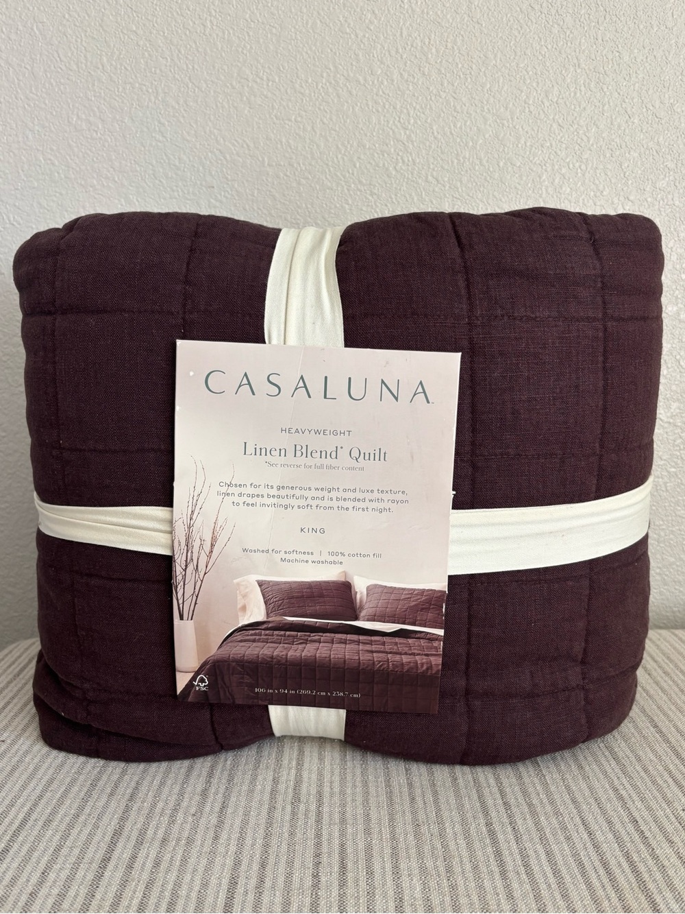 NWT King Heavyweight Linen Blend Quilt Dark Fig - Casaluna